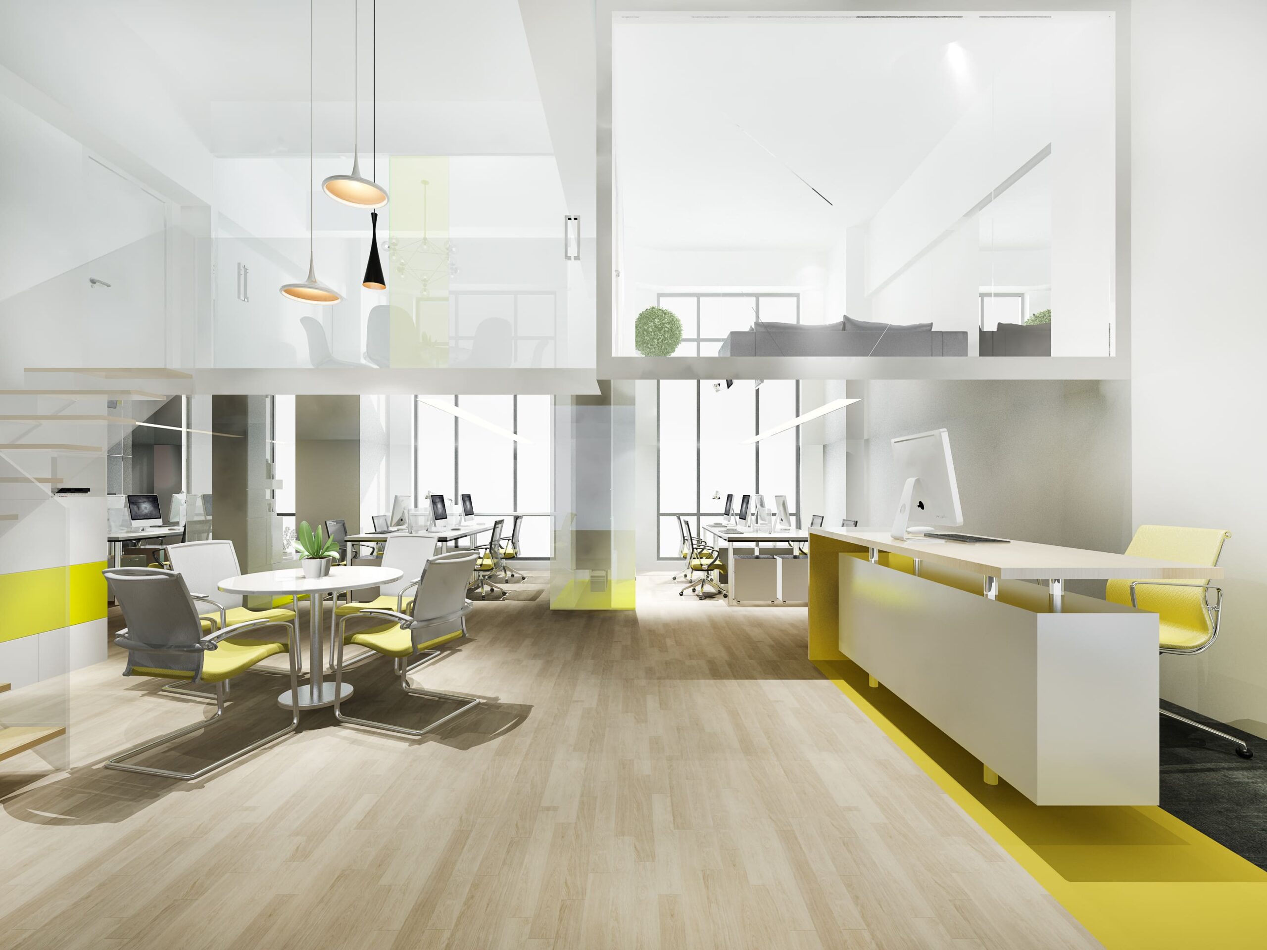 3d rendering business meeting yellow working room with stair 1 scaled